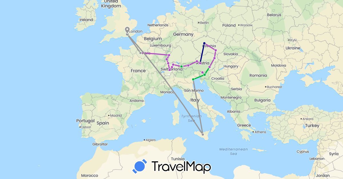 TravelMap itinerary: driving, bus, plane, train in Austria, Switzerland, Czech Republic, France, United Kingdom, Italy, Slovenia (Europe)
